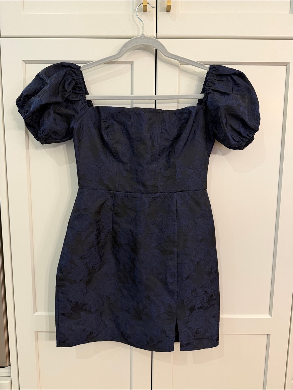 Lulu's Momentous Cuteness Navy Jacquard Off-the-Shoulder Mini Dress
